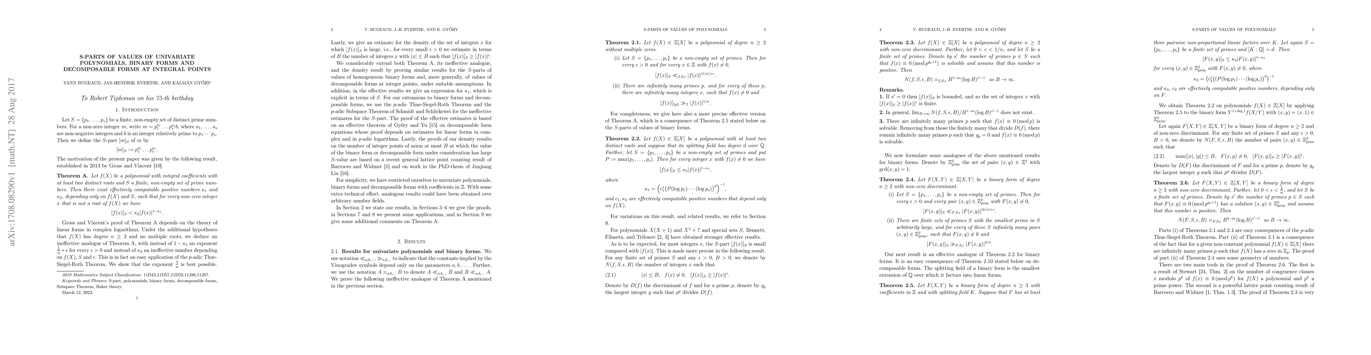 Thumbnail for S-parts of values of univariate polynomials, binary forms and
  decomposable forms at integral points