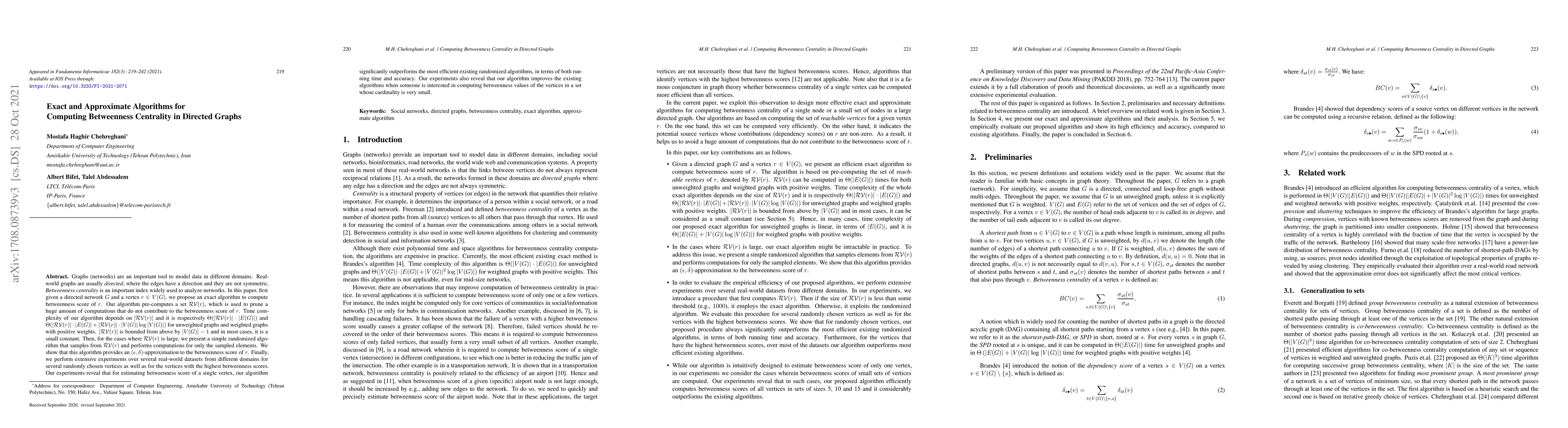 Thumbnail for Exact and Approximate Algorithms for Computing Betweenness Centrality in
  Directed Graphs