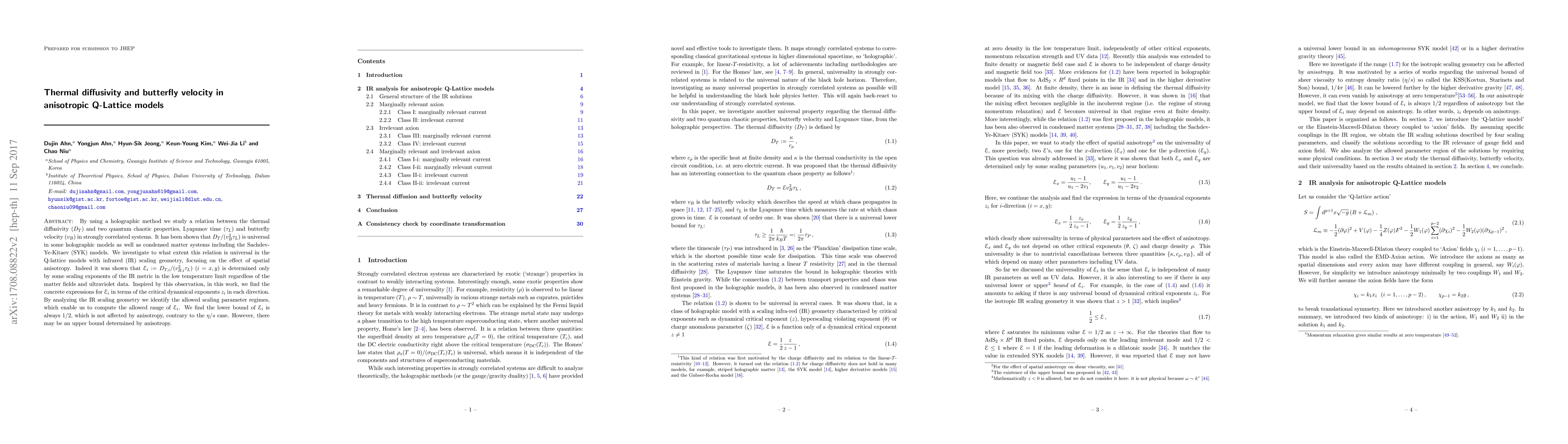 Thumbnail for Thermal diffusivity and butterfly velocity in anisotropic Q-Lattice
  models