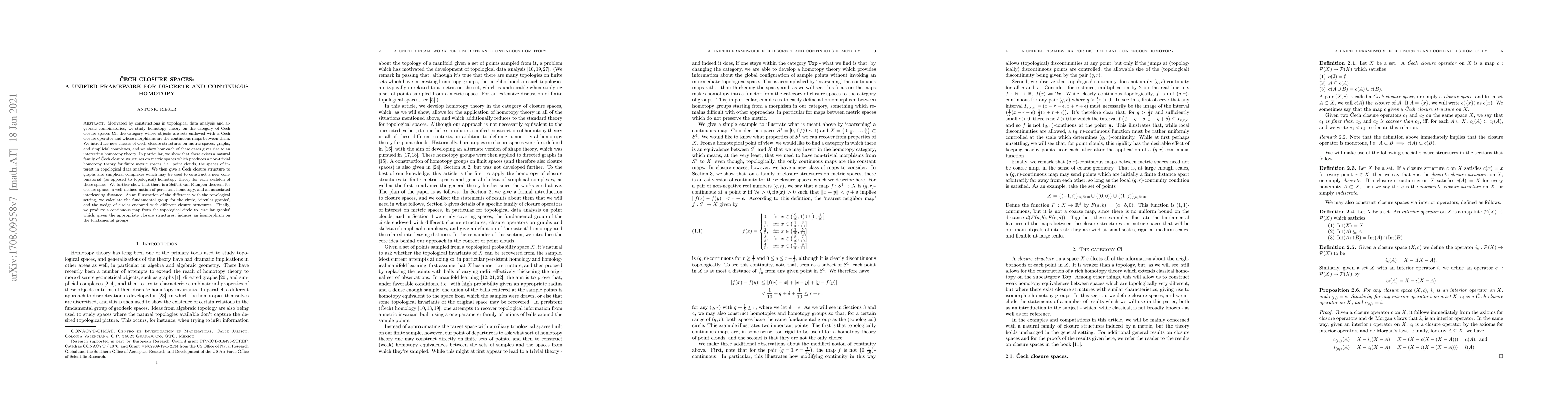 Thumbnail for Cech Closure Spaces: A Unified Framework for Discrete and Continuous
  Homotopy