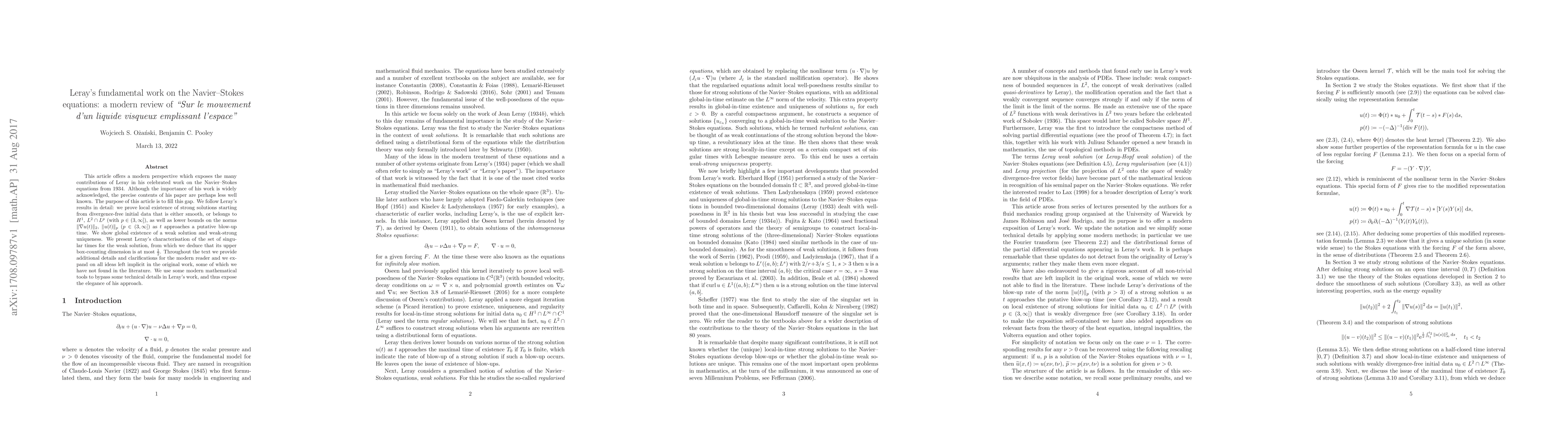 Thumbnail for Leray's fundamental work on the Navier-Stokes equations: a modern review
  of "Sur le mouvement d'un liquide visqueux emplissant l'espace"