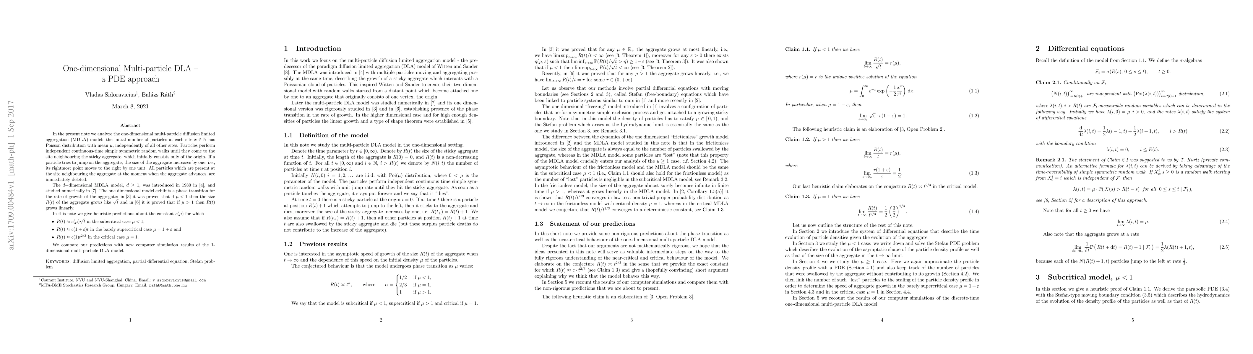 Thumbnail for One-dimensional Multi-particle DLA -- a PDE approach