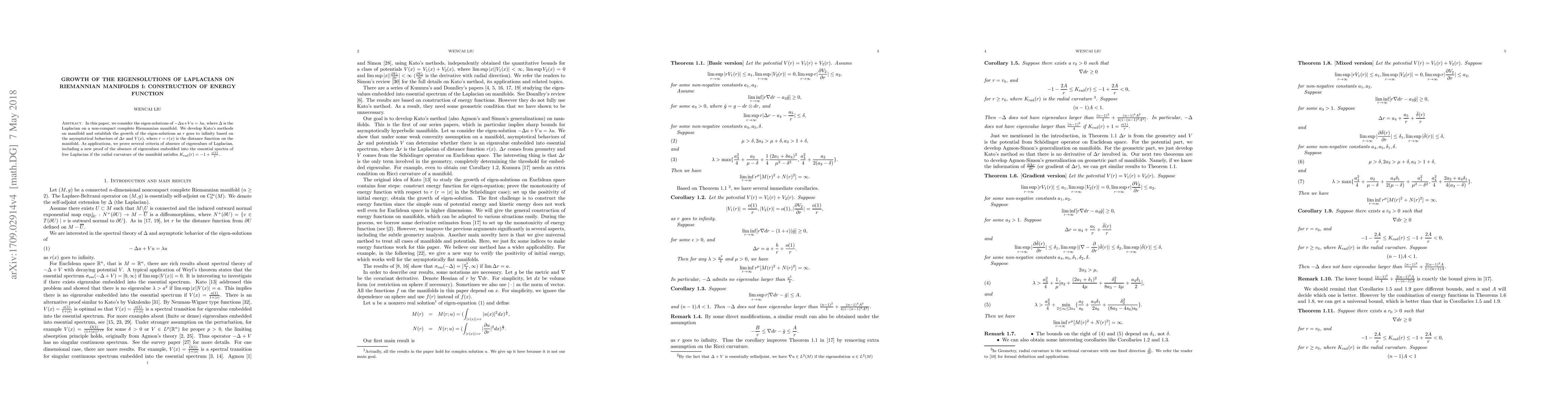 Thumbnail for Growth of the eigensolutions of Laplacians on Riemannian manifolds I:
  construction of energy function