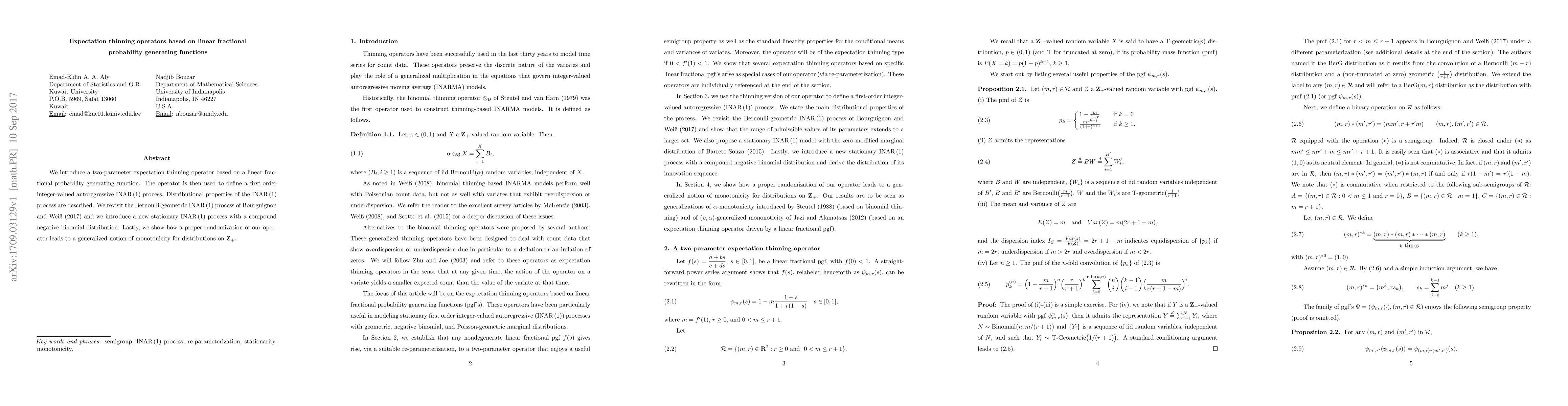 Thumbnail for Expectation thinning operators based on linear fractional probability
  generating functions