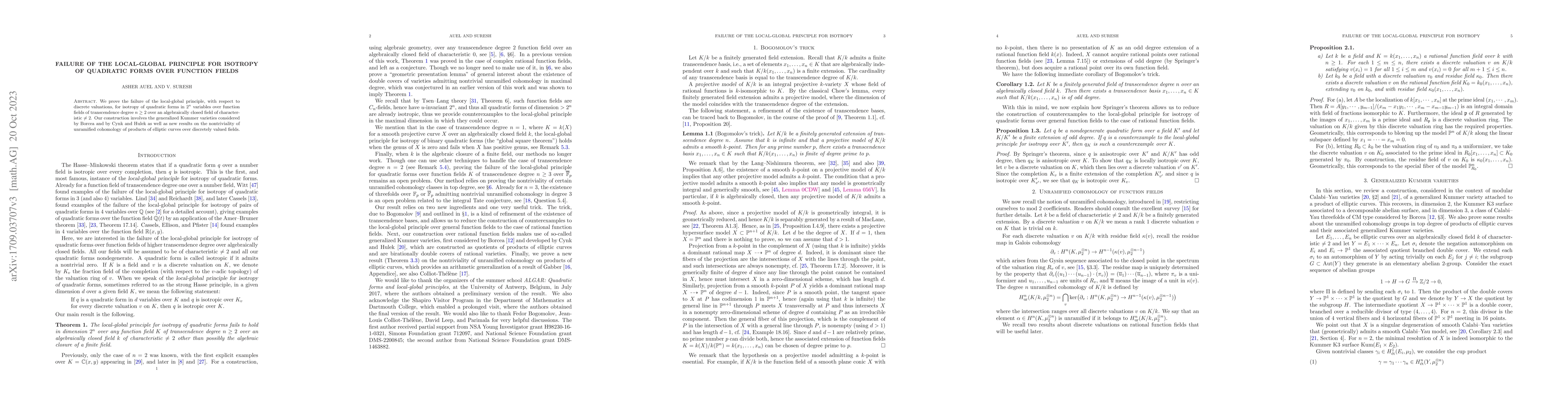 Thumbnail for Failure of the local-global principle for isotropy of quadratic forms
  over function fields