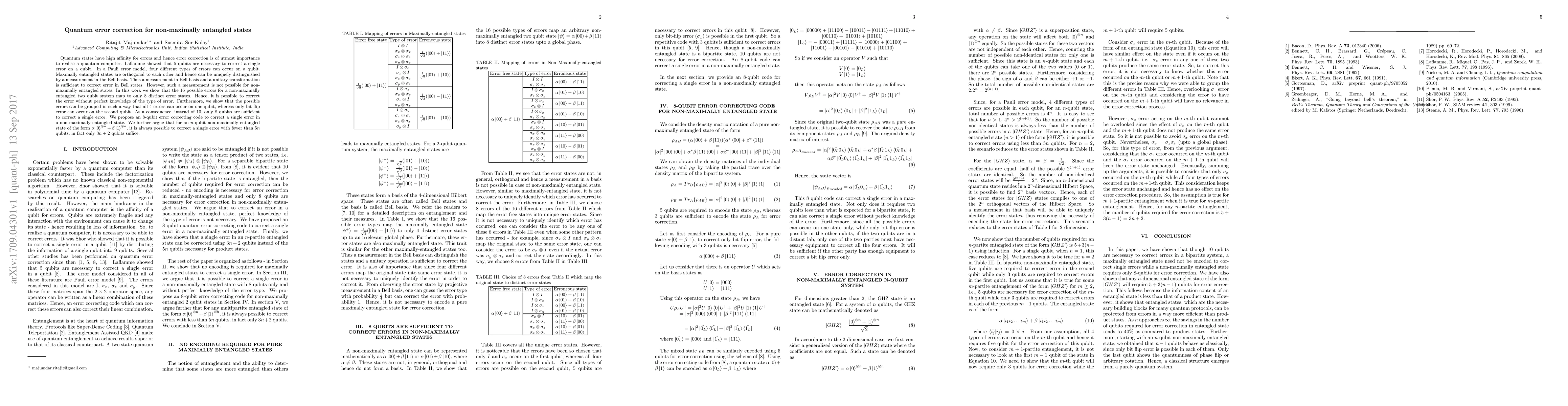 Thumbnail for Quantum error correction for non-maximally entangled states