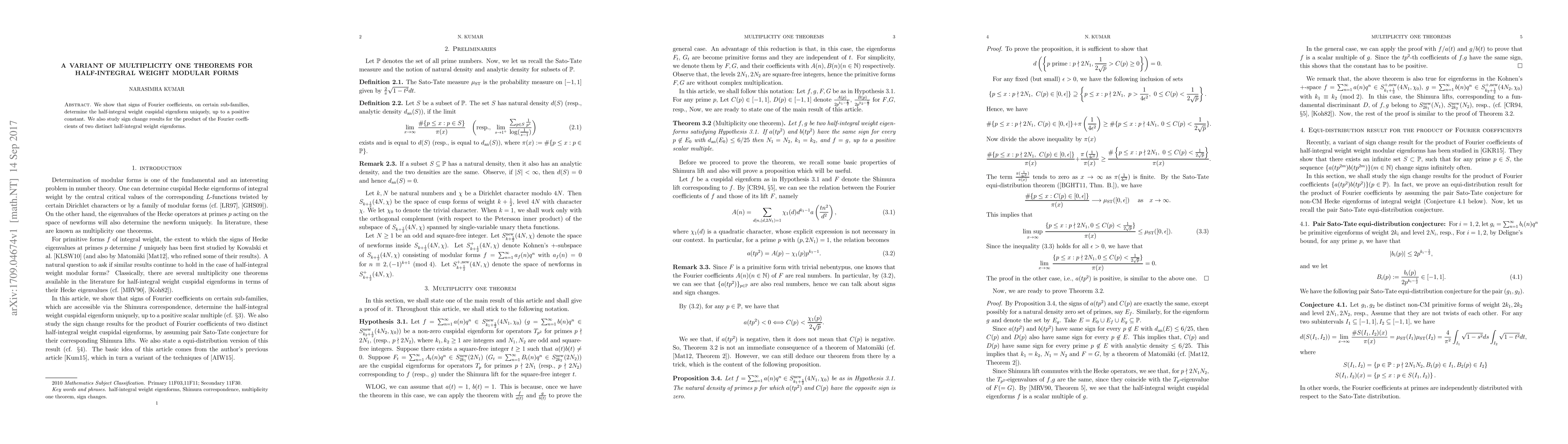 Thumbnail for A variant of multiplicity one theorems for half-integral weight modular
  forms