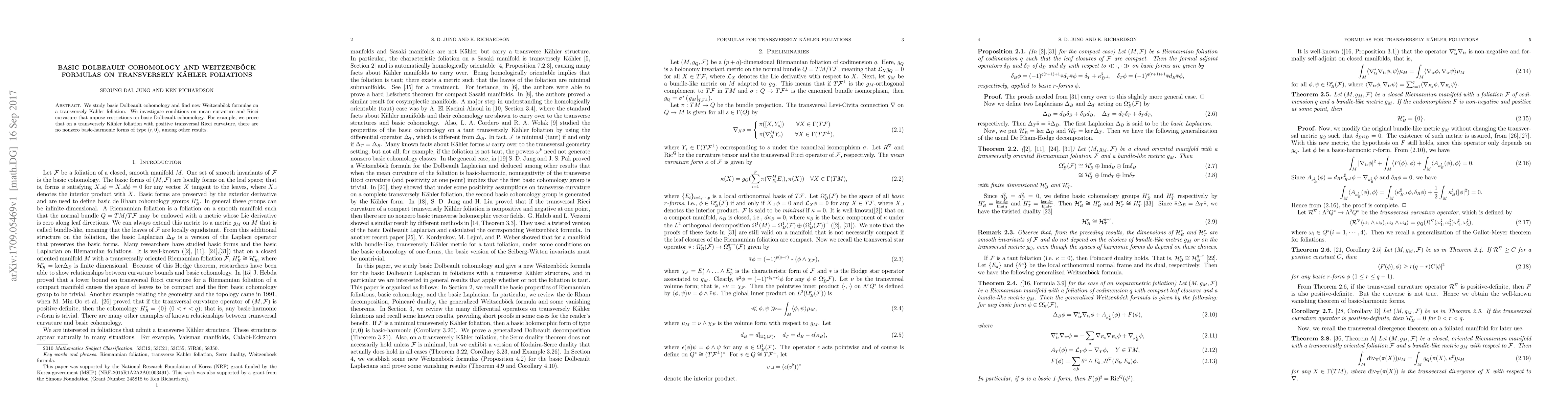 Thumbnail for Basic Dolbeault cohomology and Weitzenb\"ock frmulas on transversely
  K\"ahler foliations