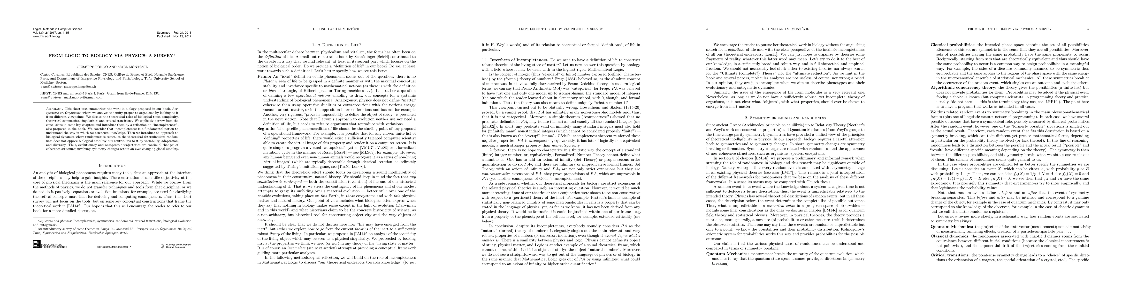 Thumbnail for From Logic to Biology via Physics: a survey