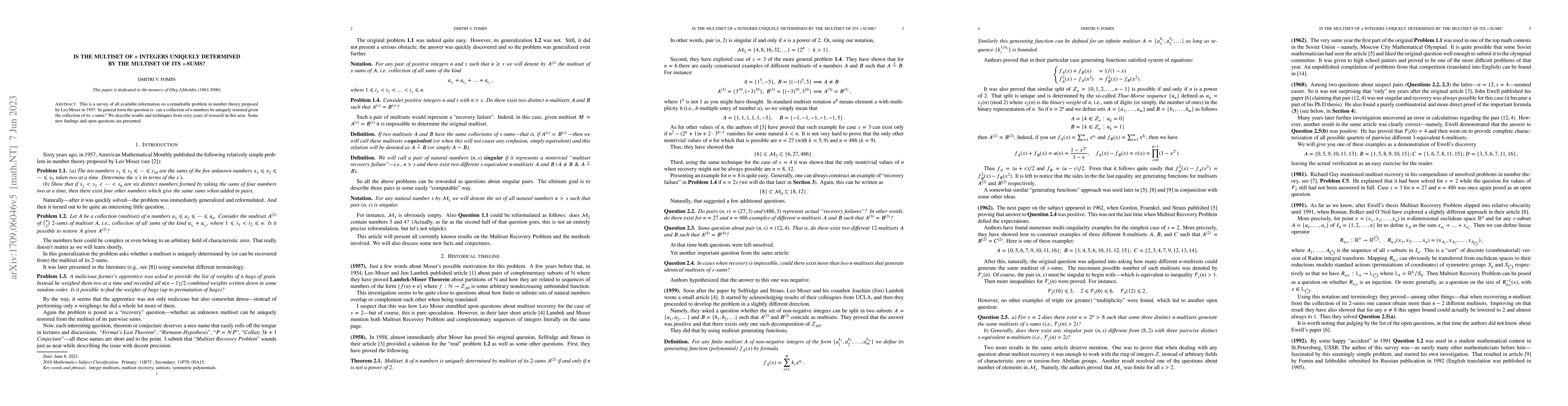 Thumbnail for Is the Multiset of $n$ Integers Uniquely Determined by the Multiset of
  Its $s$-sums?