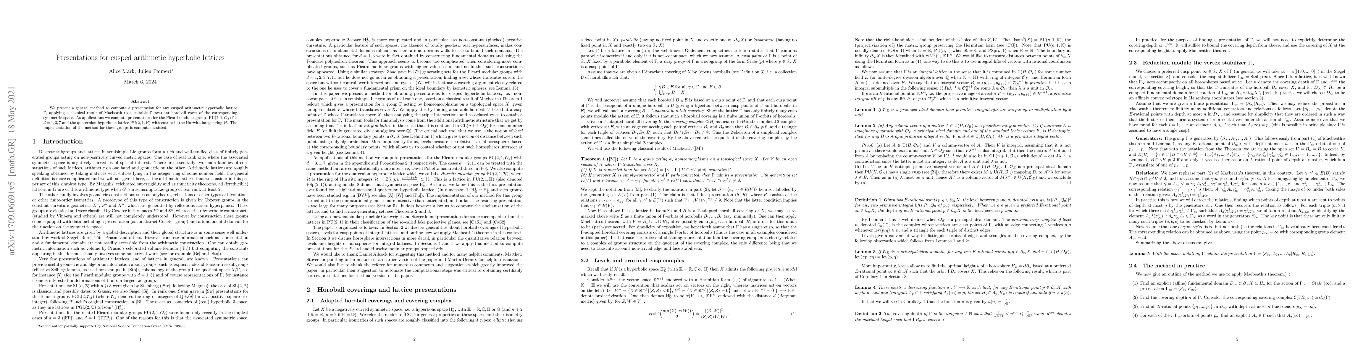 Thumbnail for Presentations for cusped arithmetic hyperbolic lattices