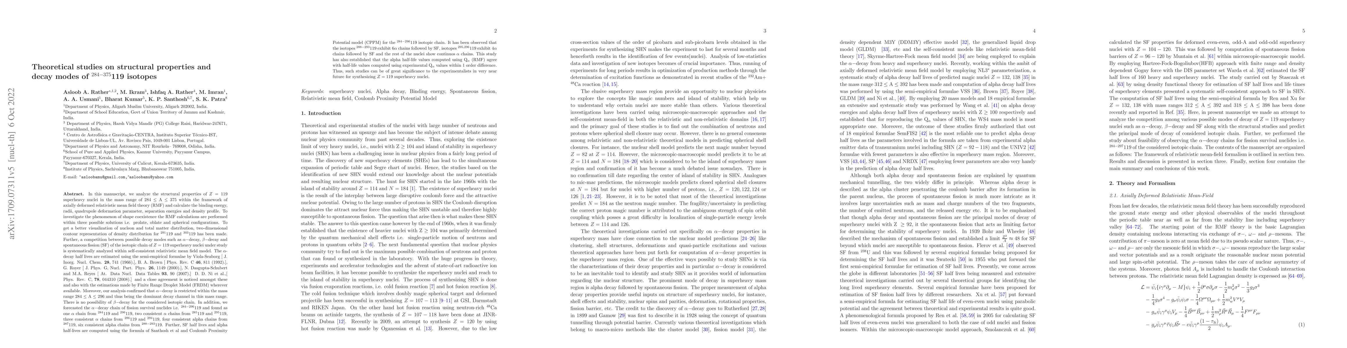 Thumbnail for Theoretical studies on structural properties and decay modes of
  $^{284-375}$119 isotopes