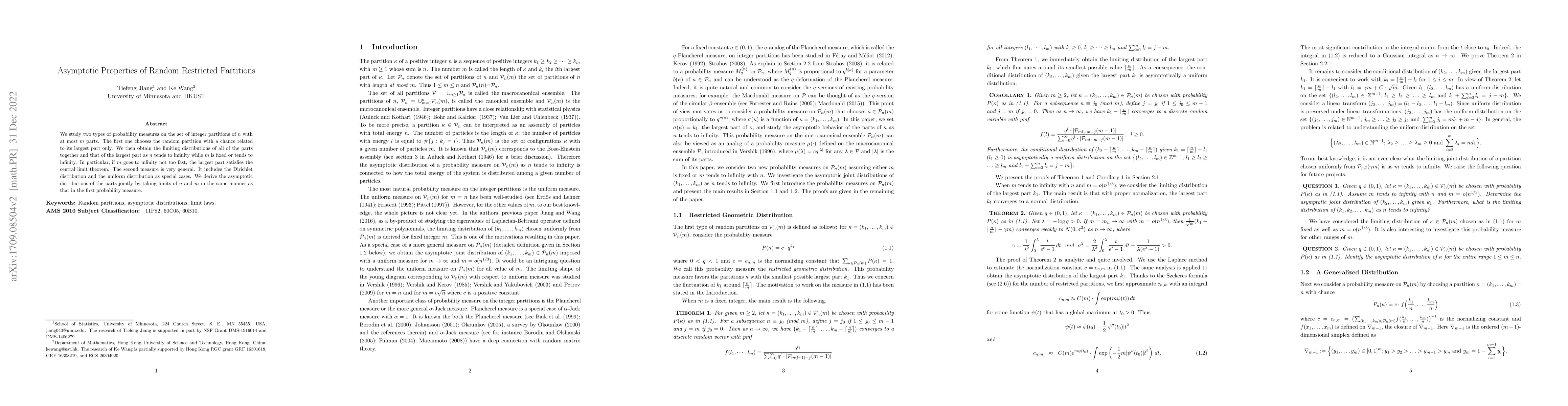 Thumbnail for Asymptotic Properties of Random Restricted Partitions
