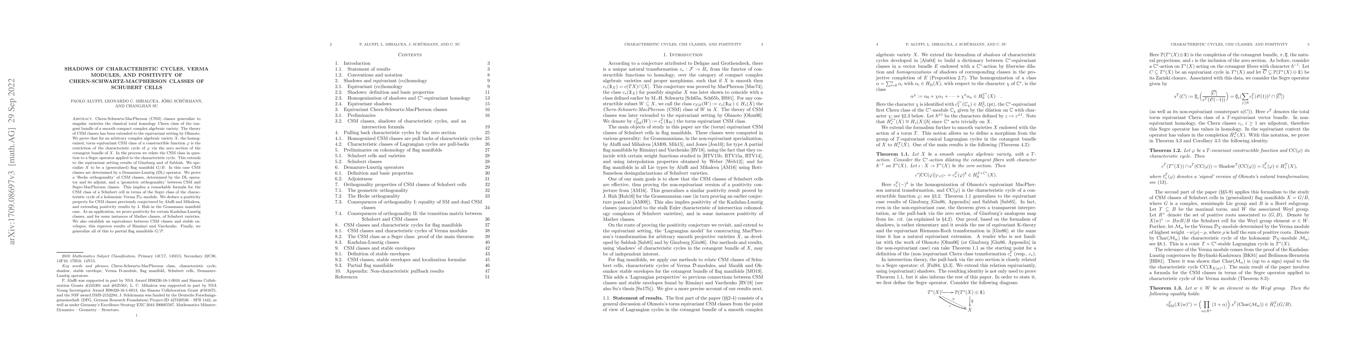 Thumbnail for Shadows of characteristic cycles, Verma modules, and positivity of
  Chern-Schwartz-MacPherson classes of Schubert cells