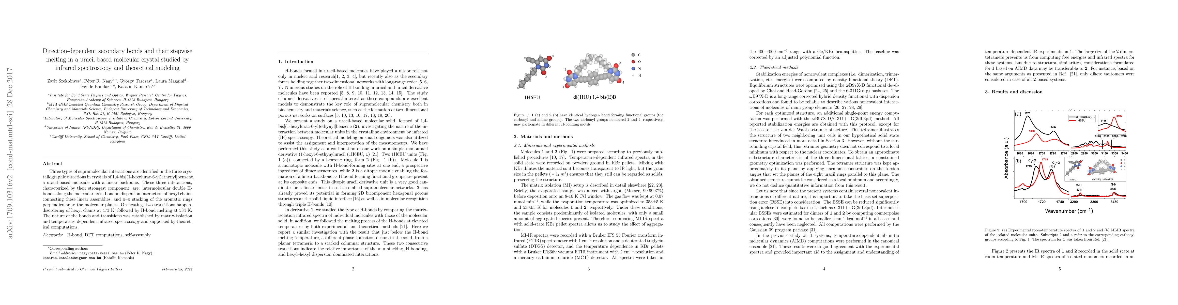 Thumbnail for Direction-dependent secondary bonds and their stepwise melting in a
  uracil-based molecular crystal studied by infrared spectroscopy and
  theoretical modeling