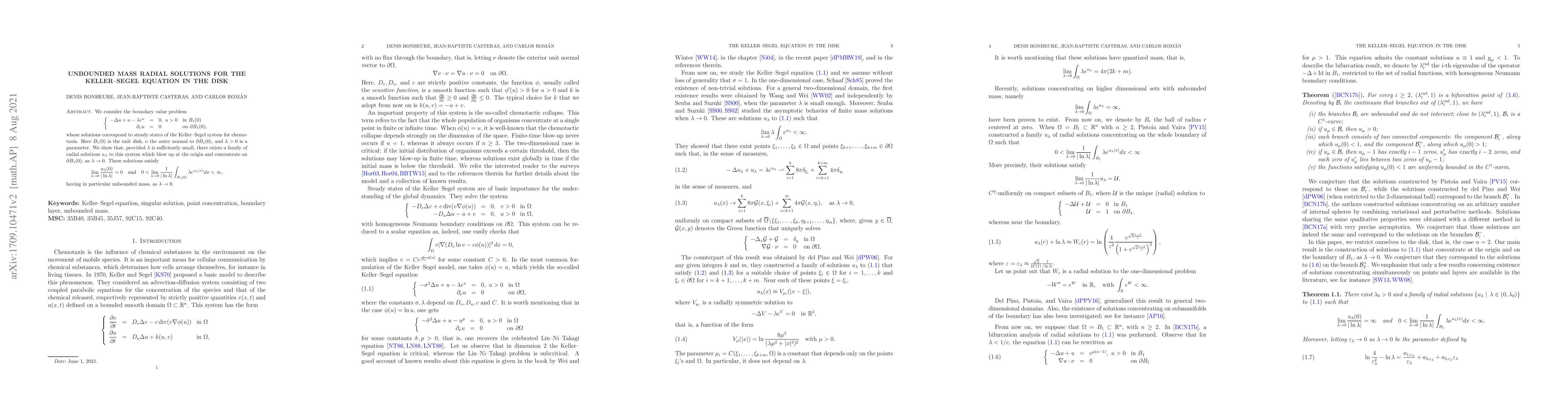 Thumbnail for Unbounded mass radial solutions for the Keller-Segel equation in the
  disk