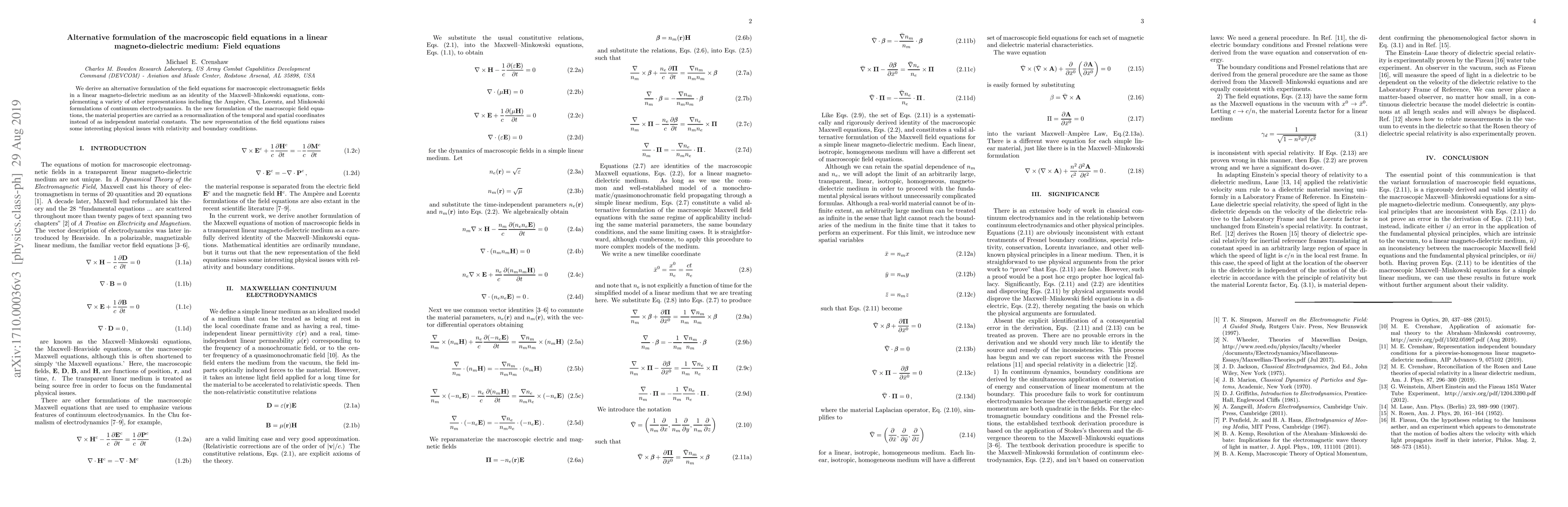 Thumbnail for Alternative formulation of the macroscopic field equations in a linear
  magneto-dielectric medium: Field equations