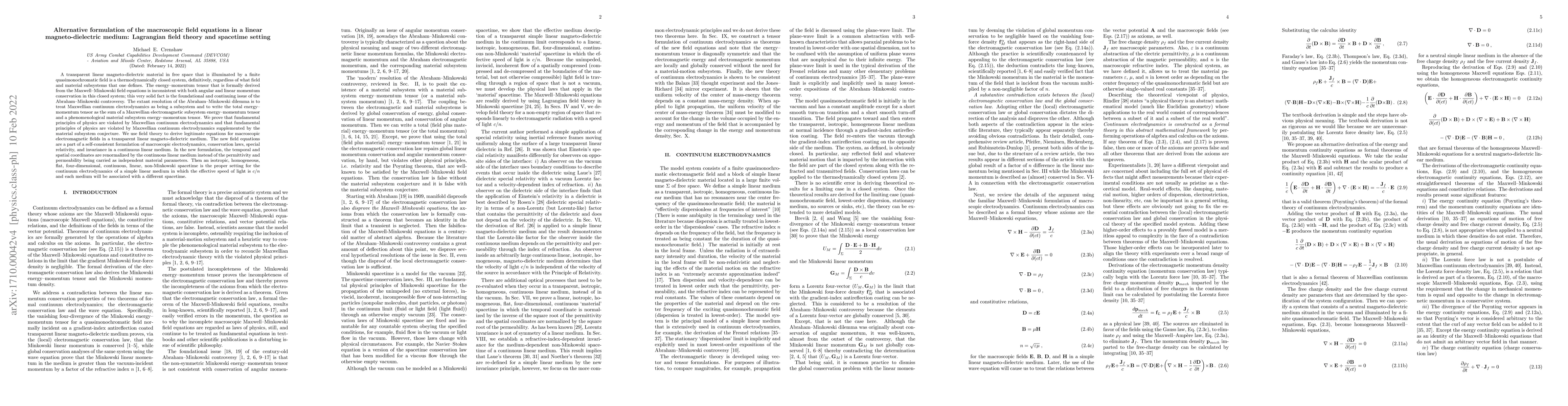 Thumbnail for Alternative formulation of the macroscopic field equations in a linear
  magneto-dielectric medium: Lagrangian field theory and spacetime setting