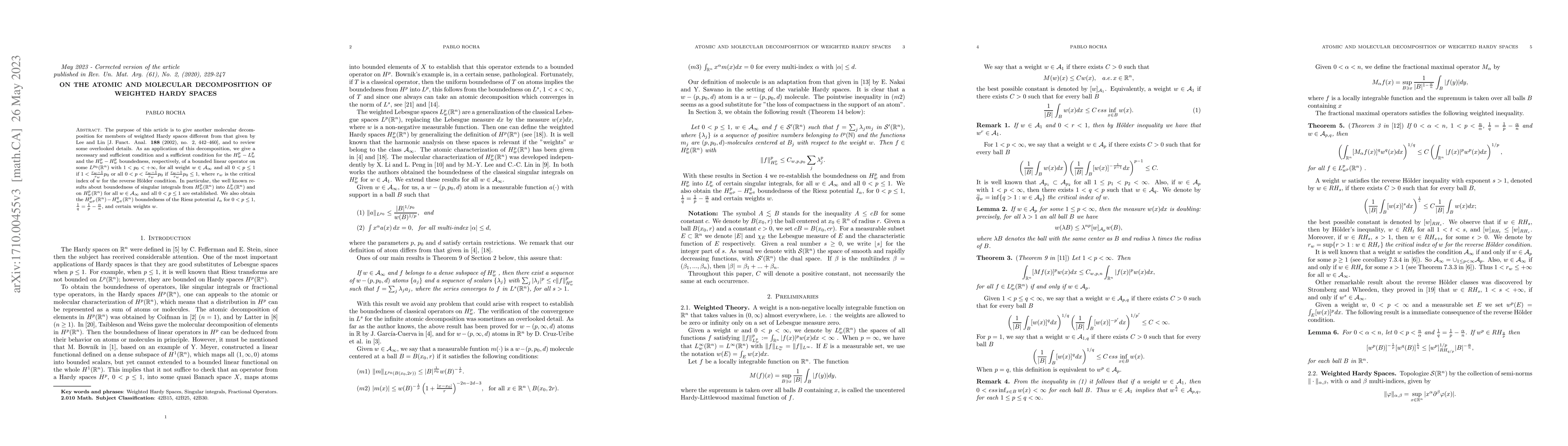Thumbnail for On the atomic and molecular decomposition of weighted Hardy spaces