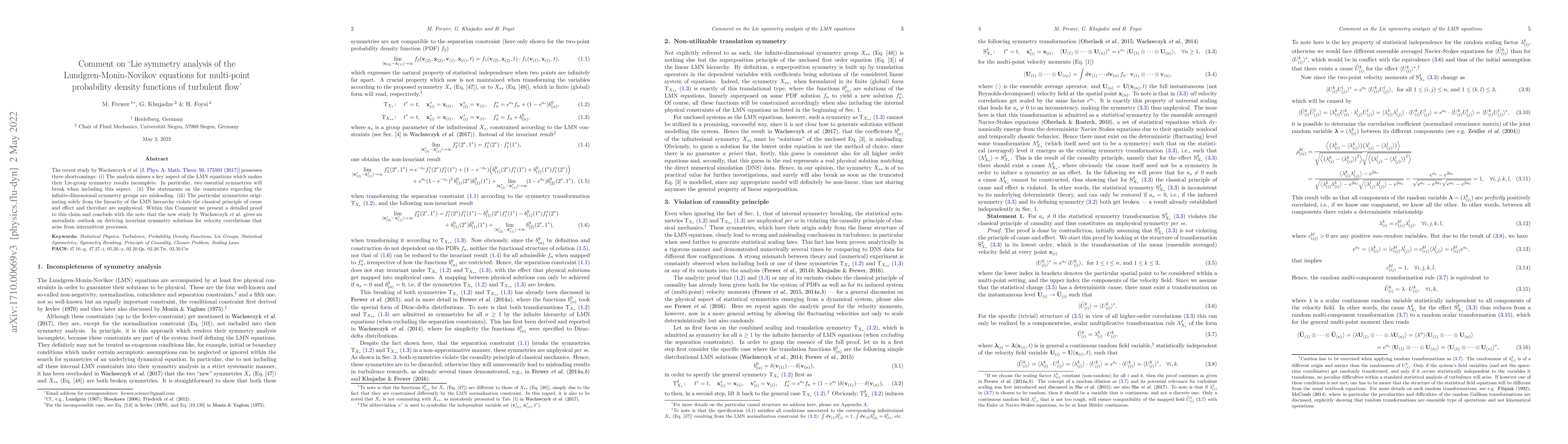 Thumbnail for Comment on 'Lie symmetry analysis of the Lundgren-Monin-Novikov
  equations for multi-point probability density functions of turbulent flow'