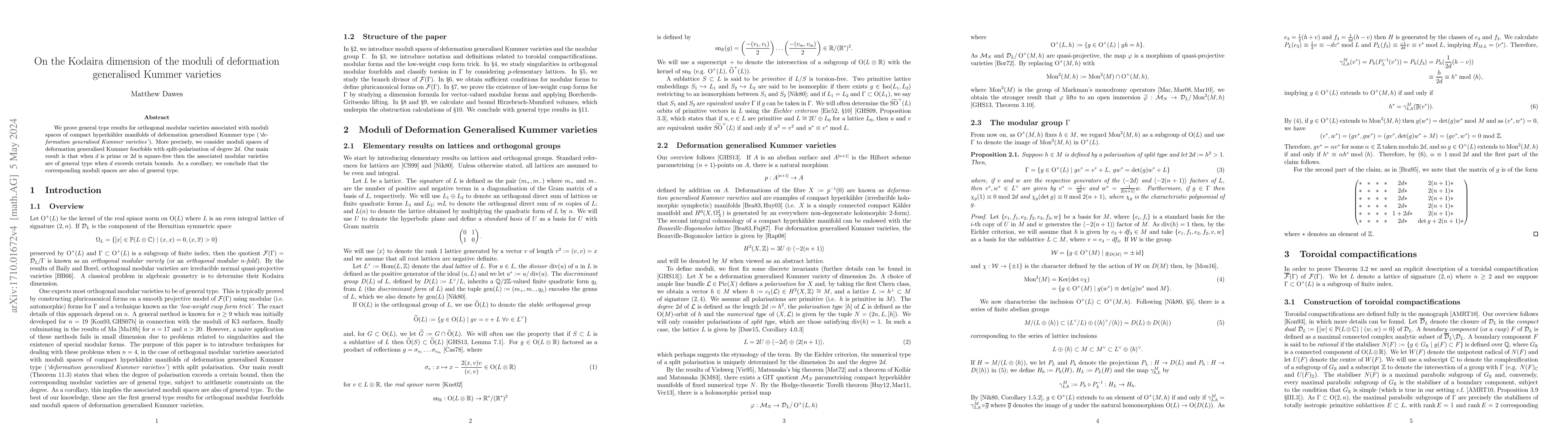 Thumbnail for On the Kodaira Dimension of the Moduli of Deformation Generalised Kummer
  Varieties