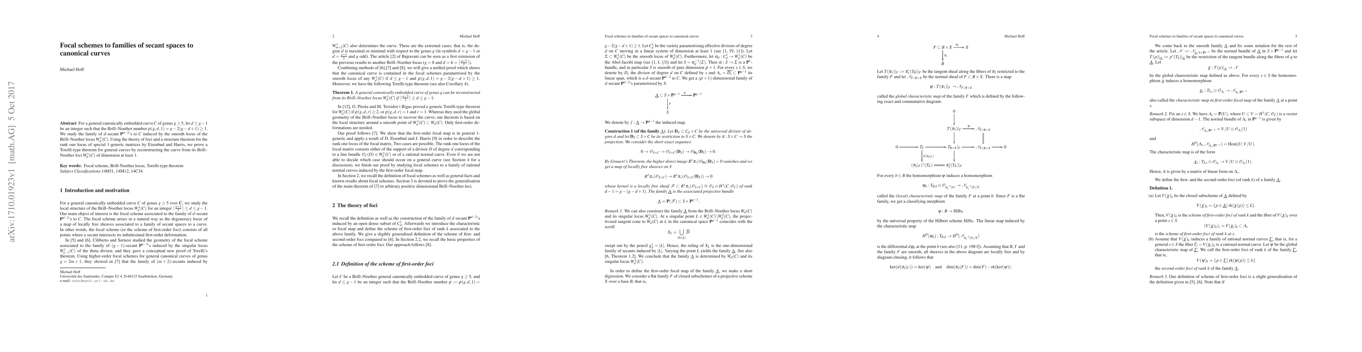 Thumbnail for Focal schemes to families of secant spaces to canonical curves