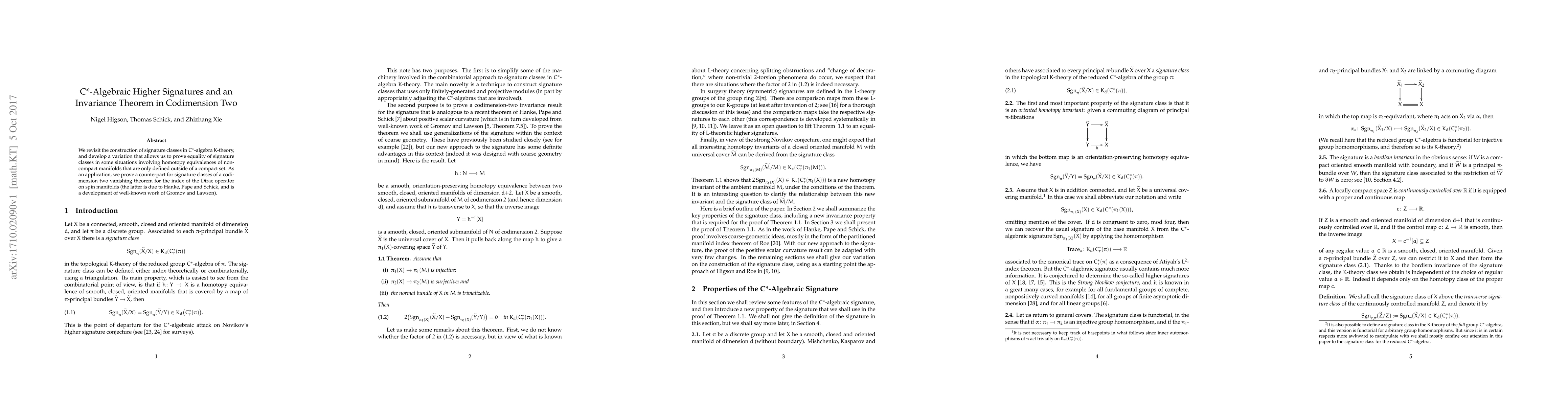 Thumbnail for C*-Algebraic Higher Signatures and an Invariance Theorem in Codimension
  Two