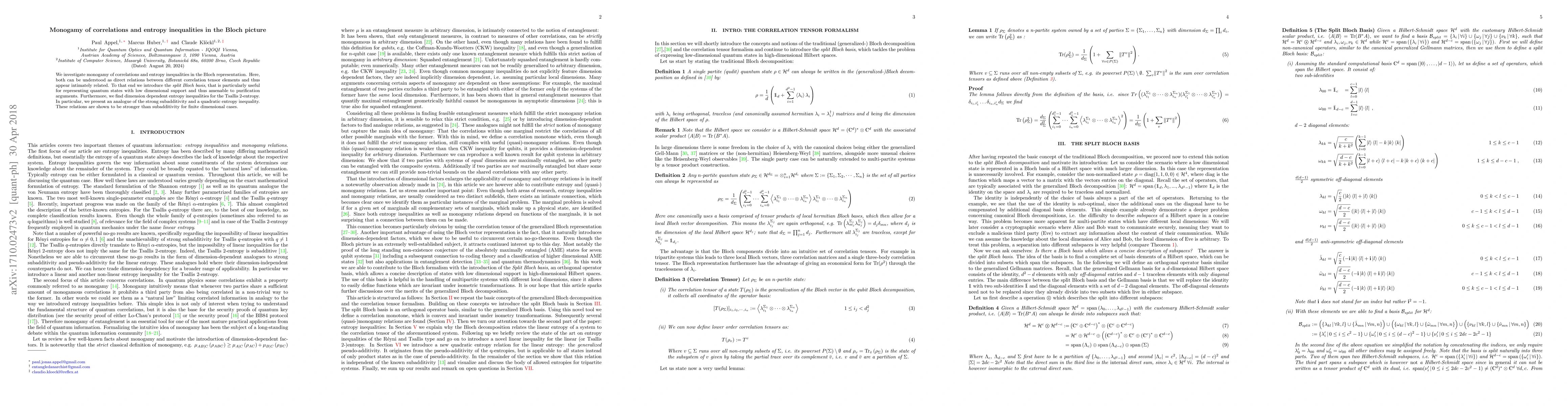 Thumbnail for Monogamy of correlations and entropy inequalities in the Bloch picture