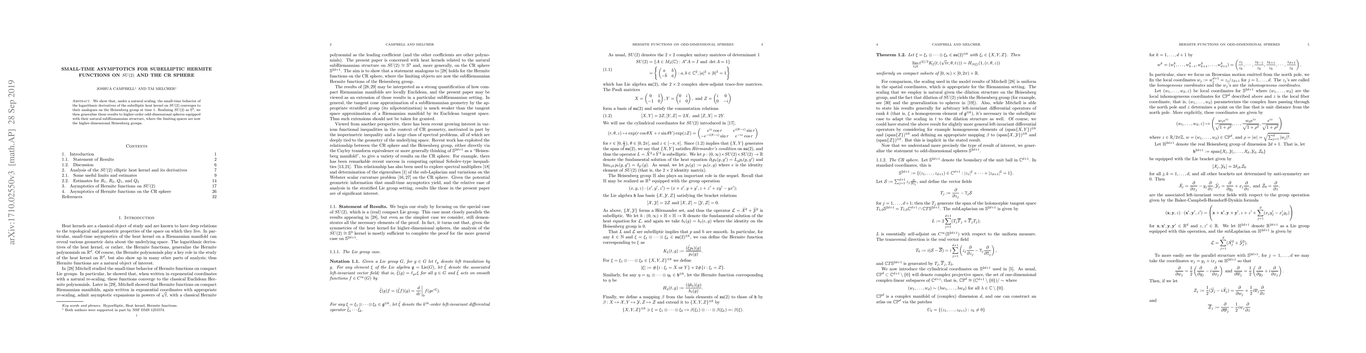 Thumbnail for Small-time asymptotics for subelliptic Hermite functions on $SU(2)$ and
  the CR sphere