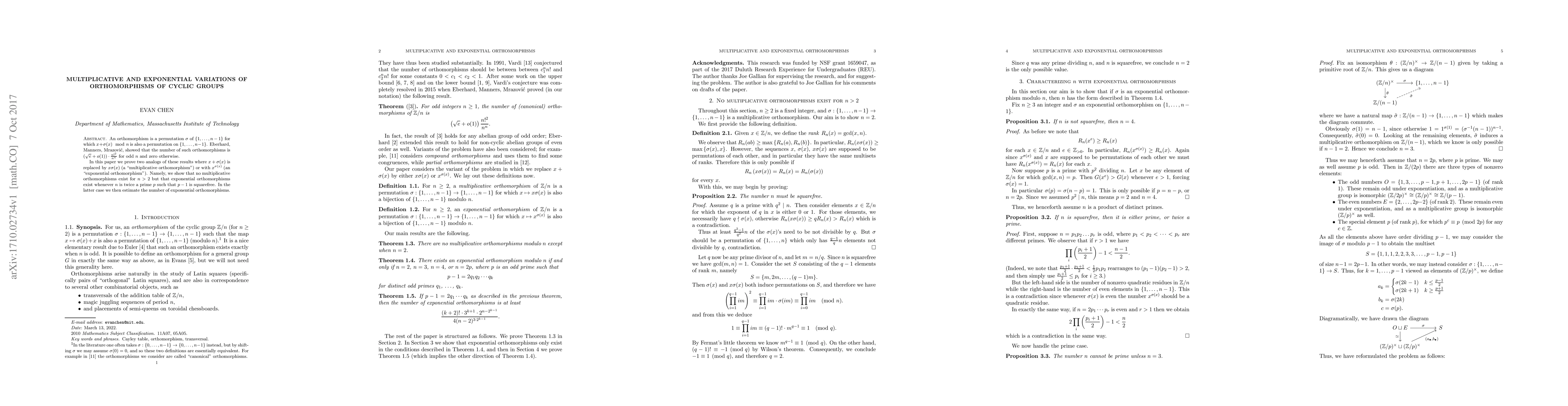 Thumbnail for Multiplicative and Exponential Variations of Orthomorphisms of Cyclic
  Groups