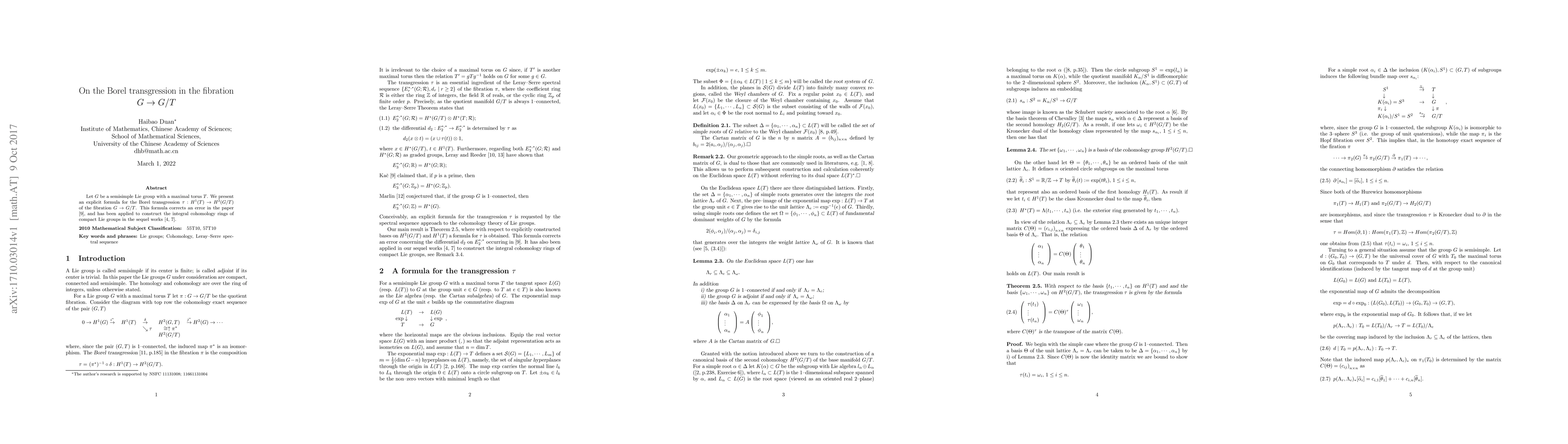 Thumbnail for On the Borel transgression in the fibration $G\rightarrow G/T$