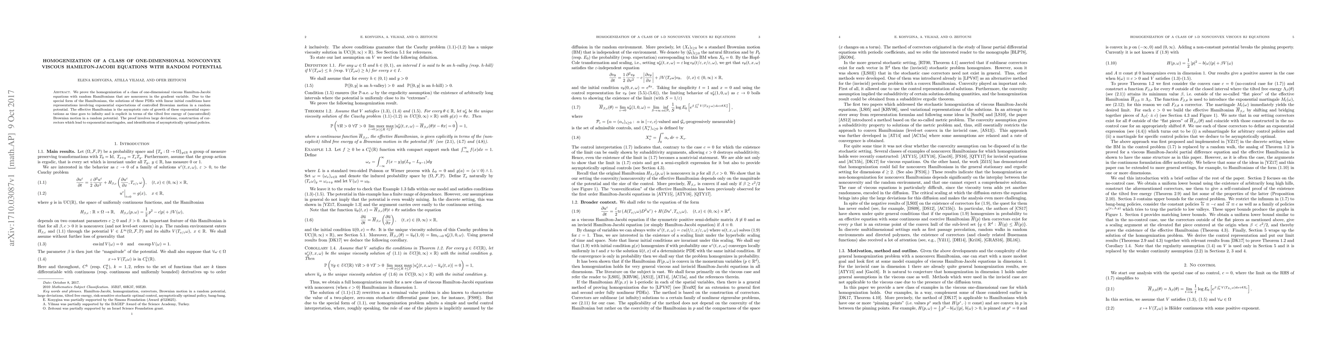 Thumbnail for Homogenization of a class of one-dimensional nonconvex viscous
  Hamilton-Jacobi equations with random potential