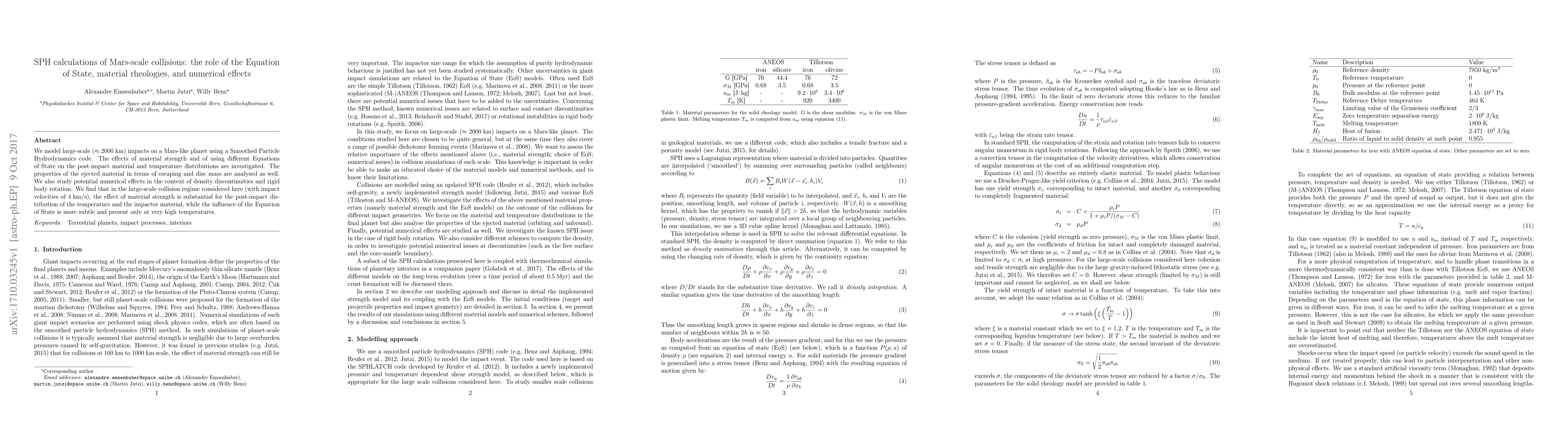 Thumbnail for SPH calculations of Mars-scale collisions: the role of the Equation of
  State, material rheologies, and numerical effects