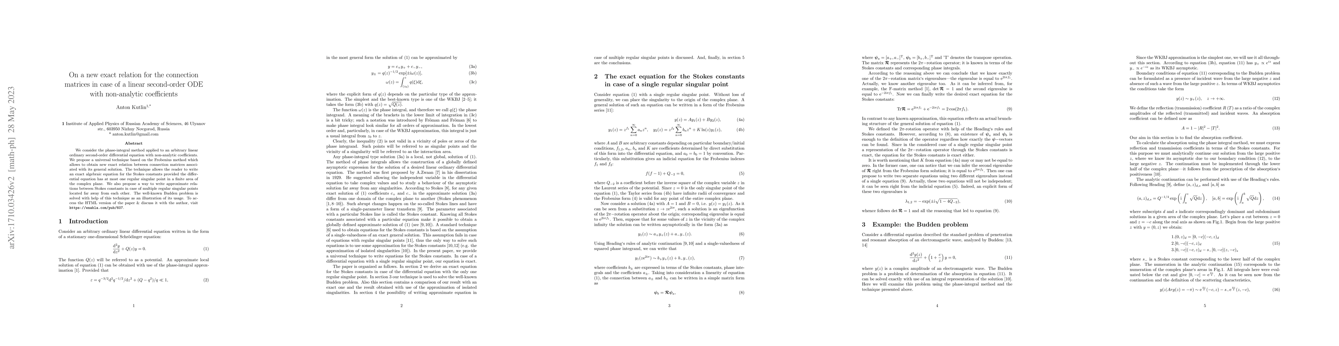 Thumbnail for On a new exact relation for the connection matrices in case of a linear
  second-order ODE with non-analytic coefficients