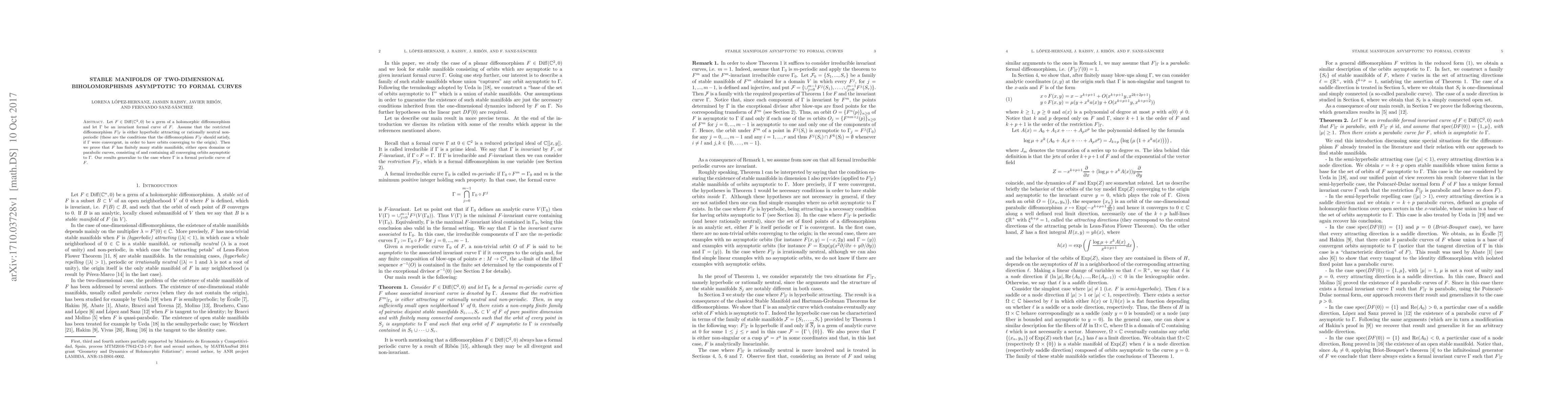Thumbnail for Stable manifolds of two-dimensional biholomorphisms asymptotic to formal
  curves