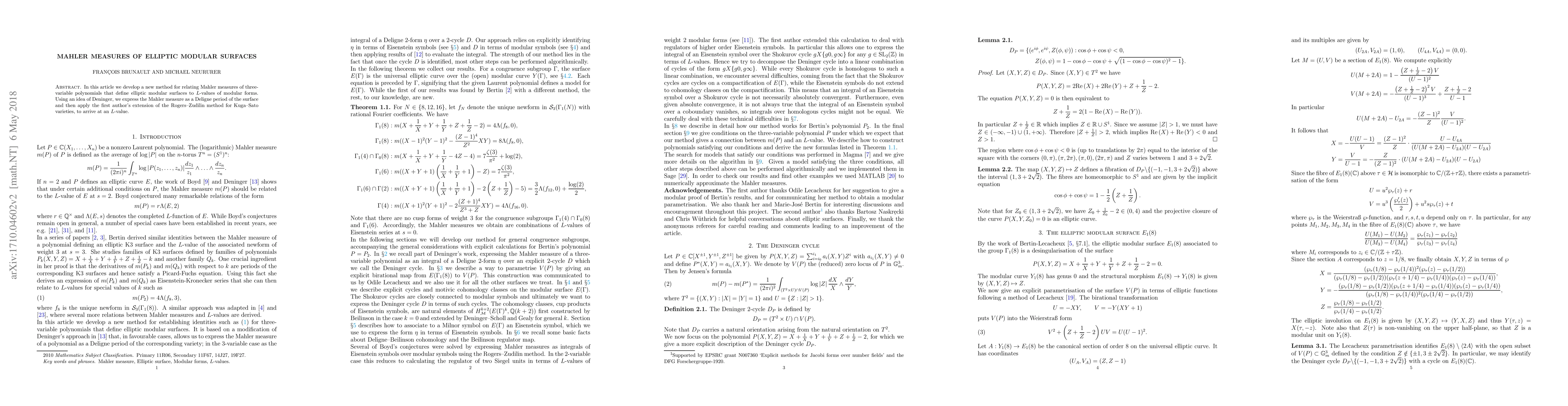 Thumbnail for Mahler measures of elliptic modular surfaces