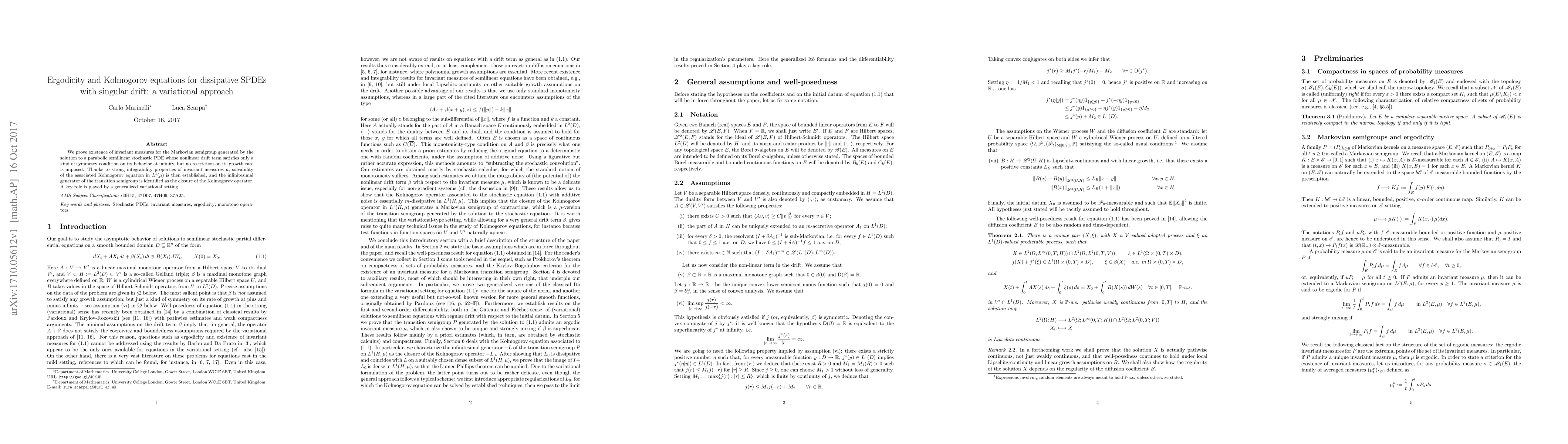 Thumbnail for Ergodicity and Kolmogorov equations for dissipative SPDEs with singular
  drift: a variational approach
