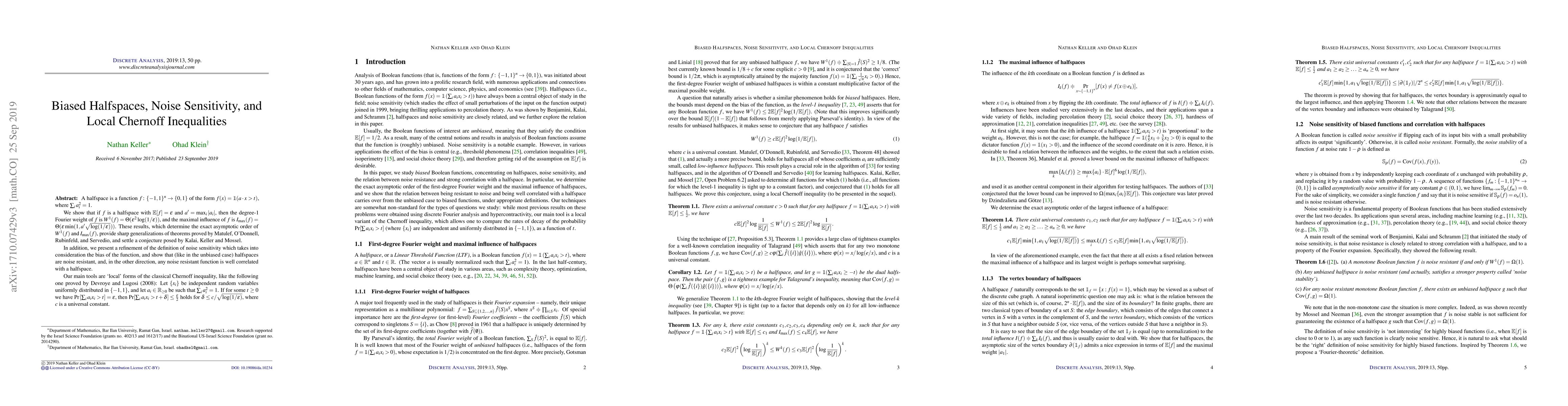 Thumbnail for Biased halfspaces, noise sensitivity, and local Chernoff inequalities