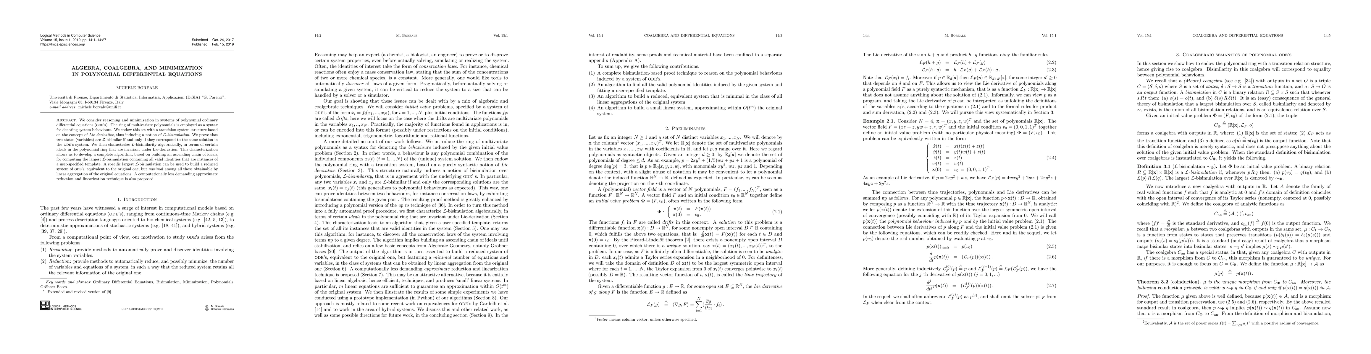 Thumbnail for Algebra, coalgebra, and minimization in polynomial differential
  equations