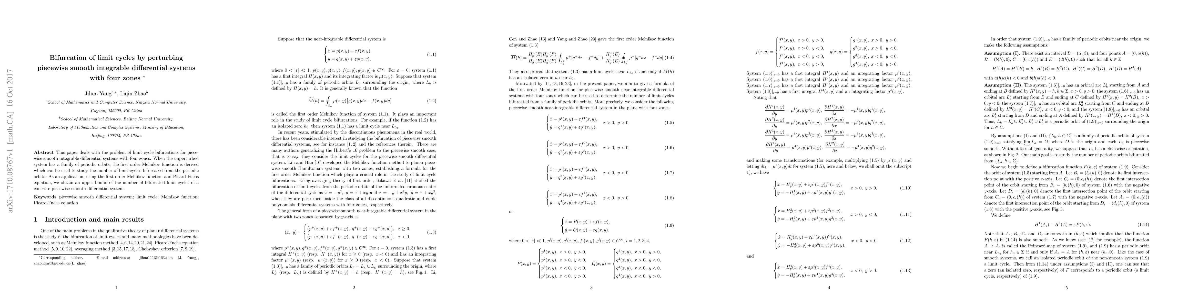 Thumbnail for Bifurcation of limit cycles by perturbing piecewise smooth integrable
  differential systems with four zones