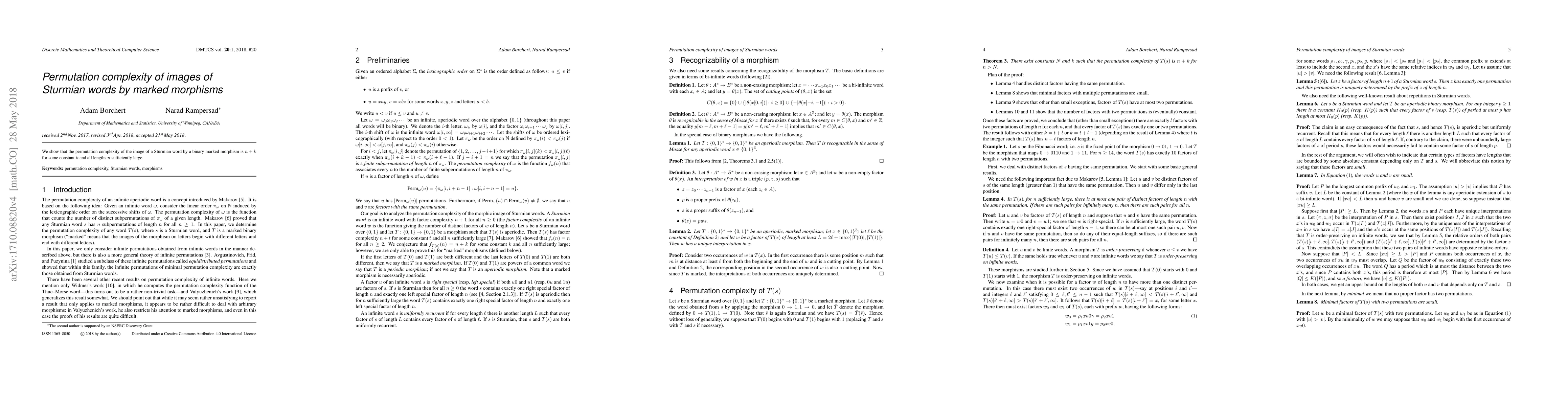 Thumbnail for Permutation complexity of images of Sturmian words by marked morphisms