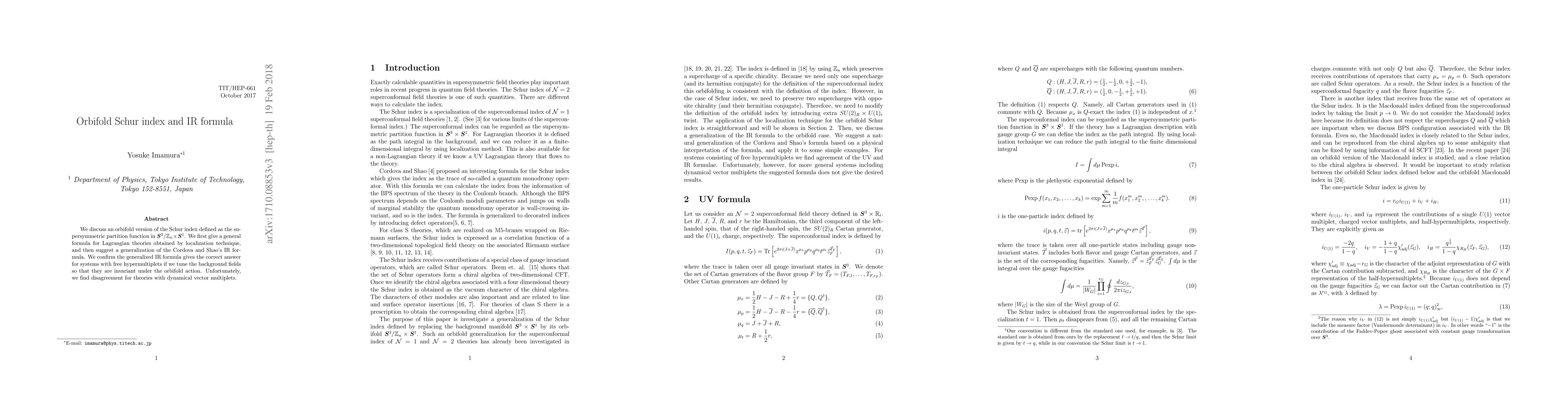 Thumbnail for Orbifold Schur Index and IR formula