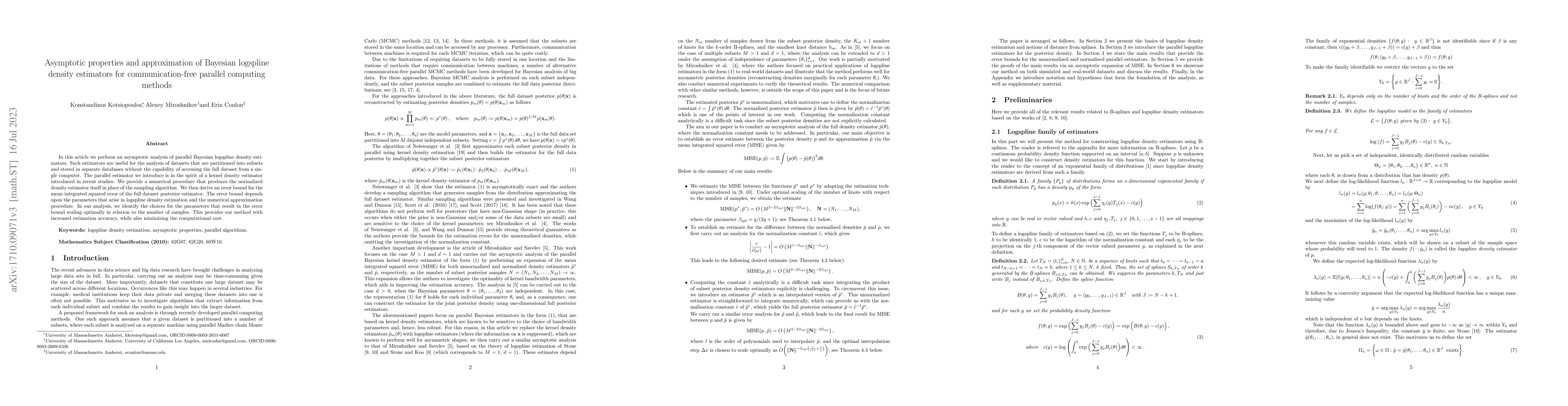 Thumbnail for Asymptotic properties and approximation of Bayesian logspline density
  estimators for communication-free parallel computing methods
