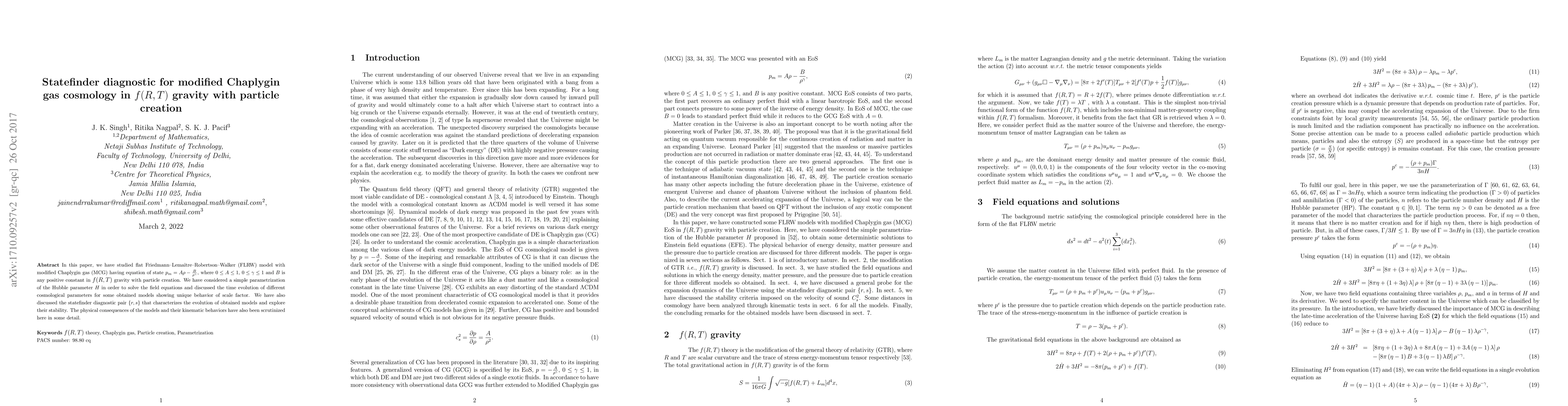 Thumbnail for Statefinder diagnostic for modified Chaplygin gas cosmology in f(R,T)
  gravity with particle creation