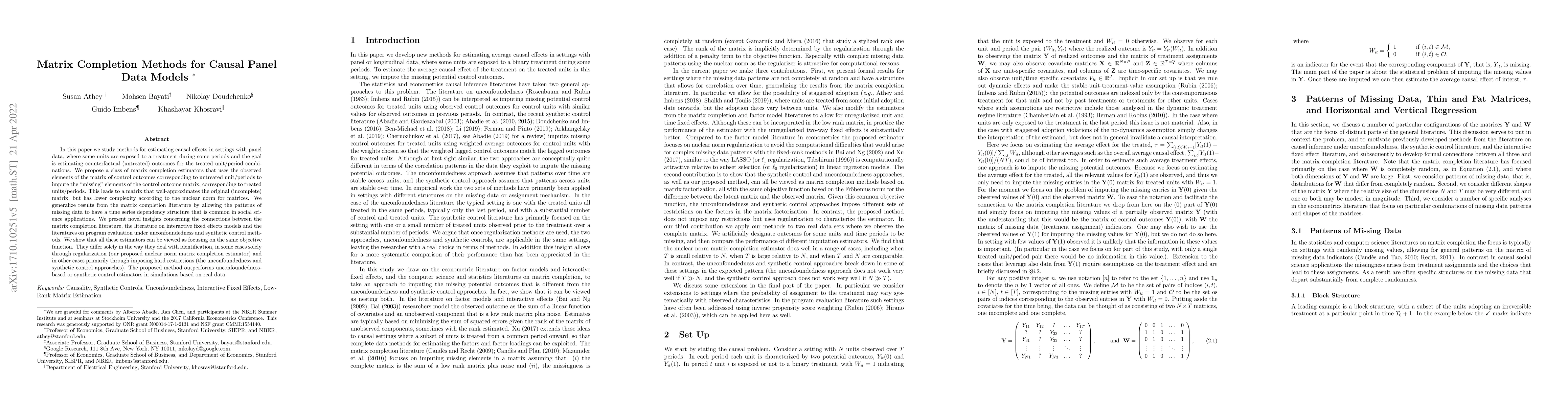 Thumbnail for Matrix Completion Methods for Causal Panel Data Models