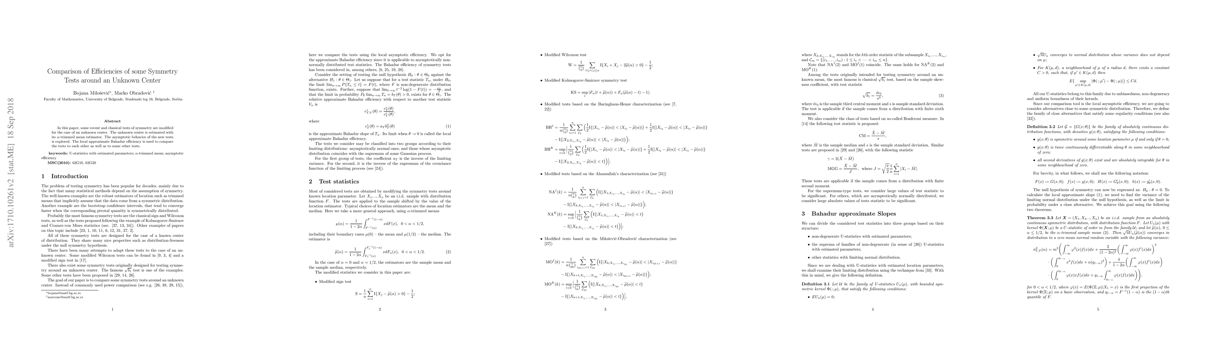 Thumbnail for Comparison of Efficiencies of Symmetry Tests around Unknown Center