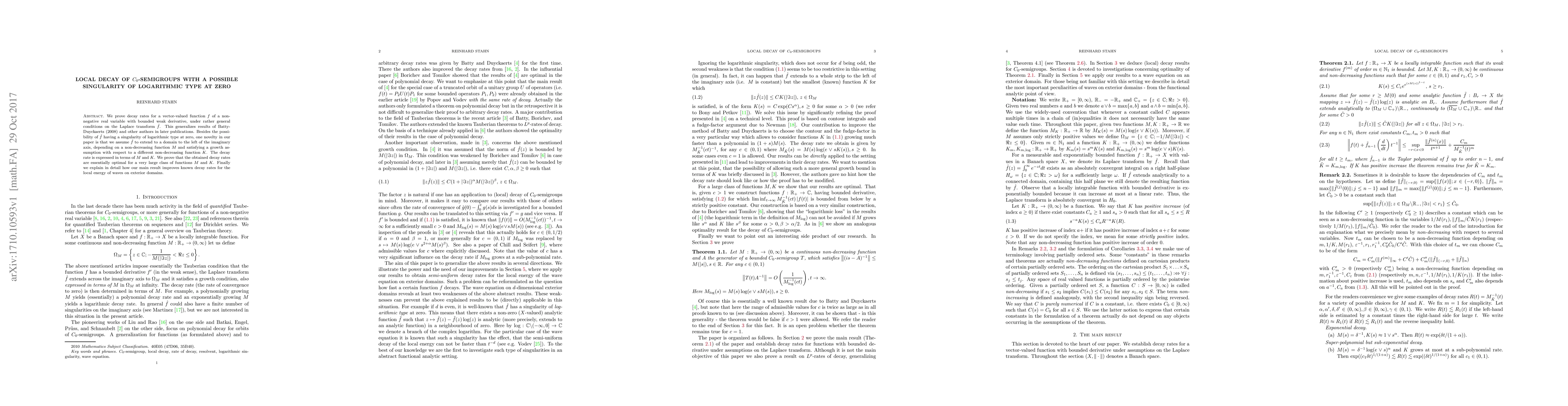 Thumbnail for Local decay of $C_0$-semigroups with a possible singularity of
  logarithmic type at zero