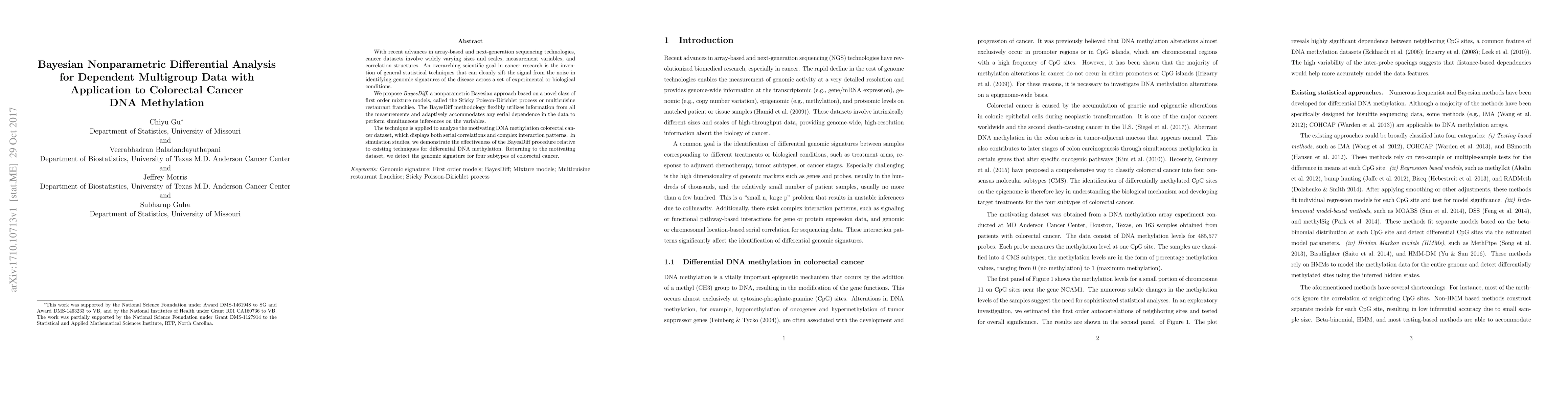 Thumbnail for Nonparametric Bayes Differential Analysis for Dependent Multigroup Data
  with Application to DNA Methylation Analyses in Cancer