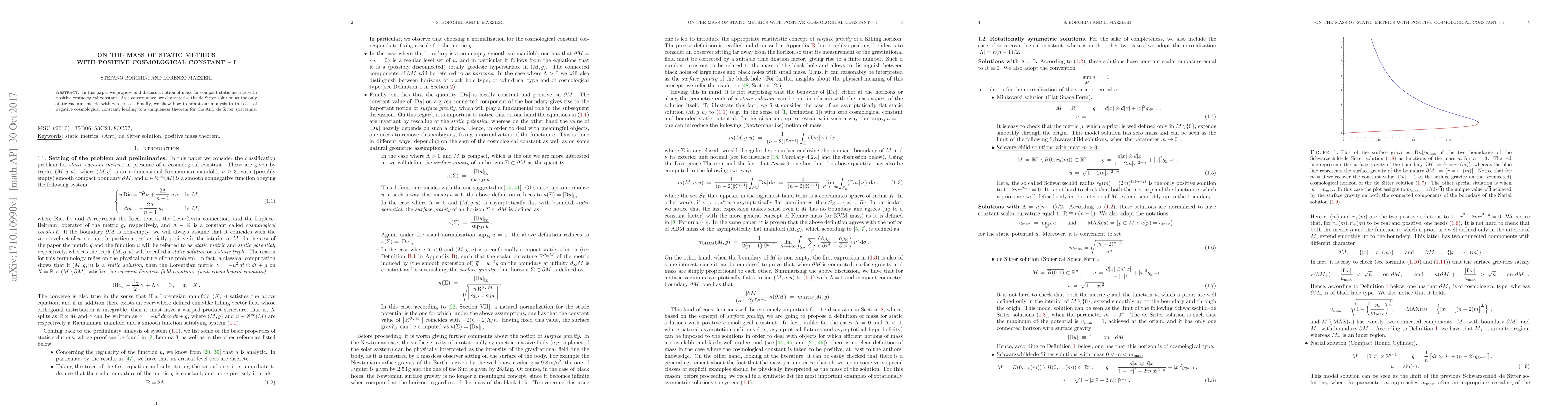 Thumbnail for On the mass of static metrics with positive cosmological constant - I