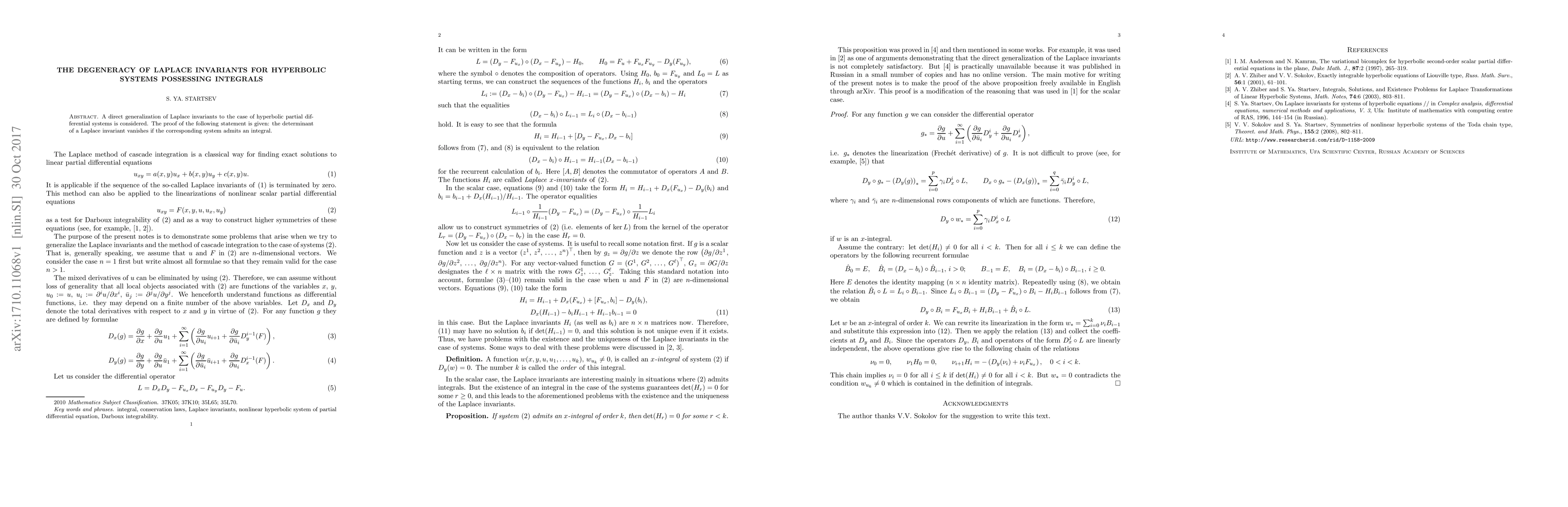 Thumbnail for The degeneracy of Laplace invariants for hyperbolic systems possessing
  integrals